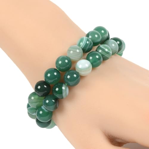 Justinstones Gem Semi Precious Gemstone 10mm Round Beads Stretch Bracelet 7 Inch Unisex - color: Dyed Green Banded Agate