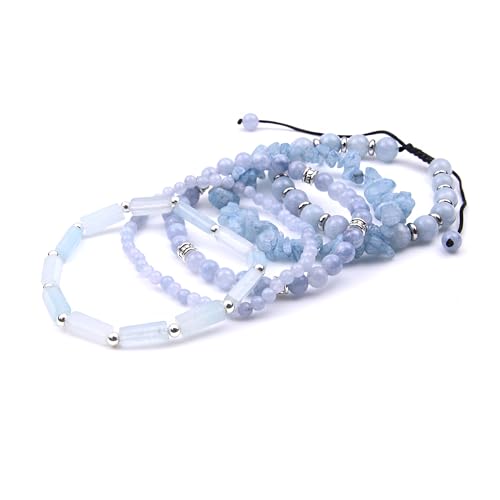 5Pcs Healing Crystal Bracelet for Women Men, Handmade Adjustable Gemstone Bracelets Beaded Reiki Energ Bracelet Set Jewelry Gifts for Women Men - color: Aquamarine