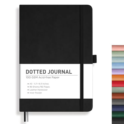 RETTACY Dotted Journal Notebook, 192 Pages, A5 Medium Size (5.7'' x 8.3''), Leather Hardcover, 100 GSM Thick Paper, for Journaling, Planning, Tracking (Black) - color: Black, style: Dotted