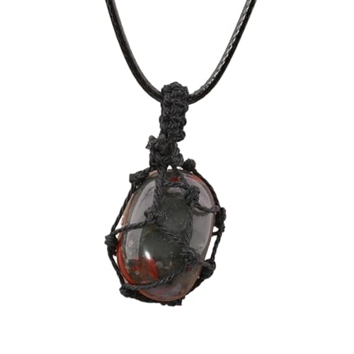 Crystal Tumbled Stone Pendant Necklace for Women Knotted Net Bag Leather Necklace Yoga Meditation Jewelry Gifts - color: African Blood