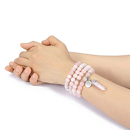 Jovivi 108 Mala Beads Bracelet 8mm Natural Amethyst Rose Quartz Healing Crystal Stone Mala Prayer Bead Necklace Hexagonal Prism Gemstone Reiki Pointed Pendant for Yoga Meditation Energy Balancing - color: Matte Rose Quartz Crystal