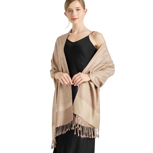 Silky Paisley Pashmina Shawl Scarf-Women's Soft Double-side Jacquard Pashminas Wrap for Evening Dress Travel Shawl - color: A-beige Taupe