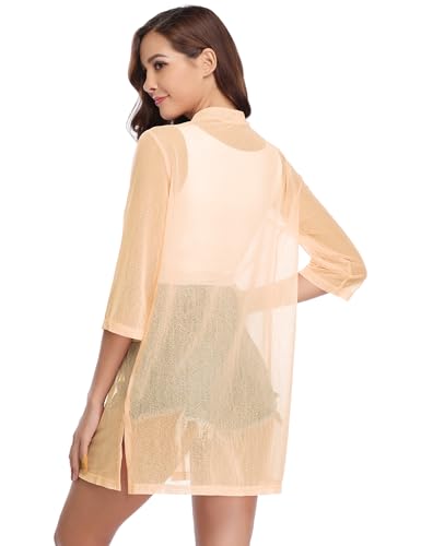 iClosam Women Casual 3/4 Sleeve Sheer Open Front Cardigan Sweater Kimono - color: Beige, size: Large