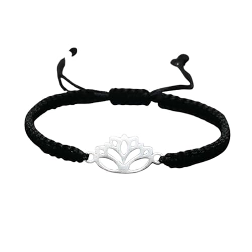 Lotus Symbol Bracelet for Women - Adjustable Cord, Silver Pendant, Spiritual Jewelry Gift - style: Onyx Black