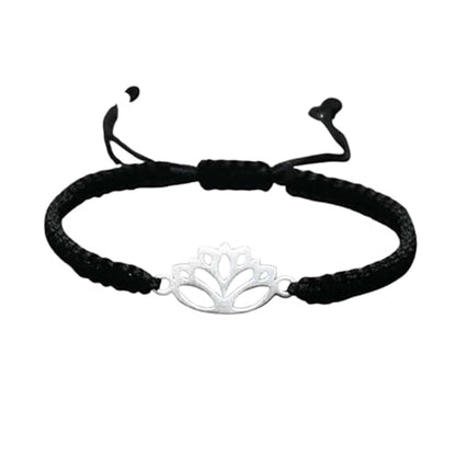Lotus Symbol Bracelet for Women - Adjustable Cord, Silver Pendant, Spiritual Jewelry Gift - style: Onyx Black