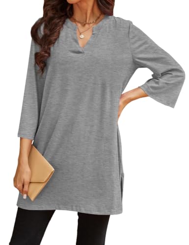 Poetsky Womens Tunic Tops 3/4 Bell Sleeve Loose Fit Tunics Dressy Casual Side Split Flare Top for Leggings S-3XL - color: Grey, size: Large