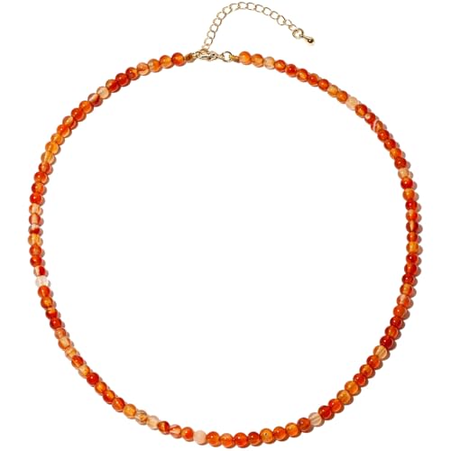 Simple Choker Necklace for Women Real Stone and Crystals Necklaces 4mm Beaded Choker Jewelry Meditation Gift for Women (16"+2") - style: Orange Agate