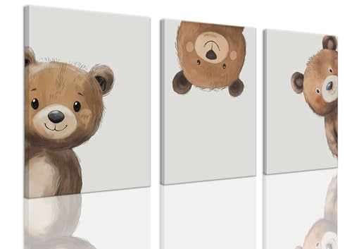 AOYUSMO 3 Piece Baby Bear Canvas Wall Art Nursery Funny Animal Wall Art Cute Bear Pictures Wall Decor Kids Baby Boy Animal Art Prints for Children's Room Bedroom 12"X16" Framed - color: Teddy bear, size: 12x16in