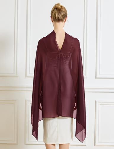 Chiffon Cape Shawl Wrap Scarf 3 Ways to Wear Elegant Sheer Capelet for Evening Dresses Weddings Parties - color: Cabernet