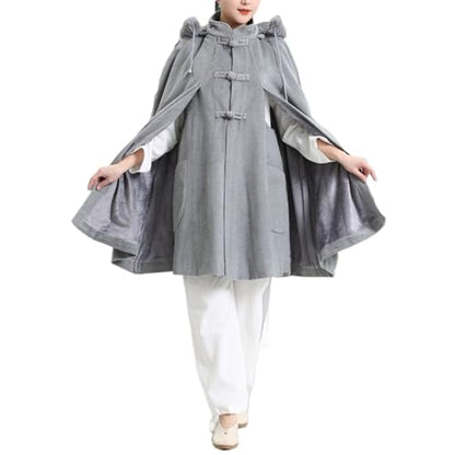 Unisex Meditation Hooded Faux Fur Collar Cloak Thickened Double Layer Plush Cape Poncho, Length 90cm