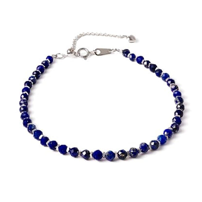 Natural Crystal Silver Bracelet, 0.12" Faceted Stone Beads Adjustable Jewelry for Women, Handmade Crown Chakra Design for Meditation & Spiritual Gifts - color: Blue Lapis Lazuli