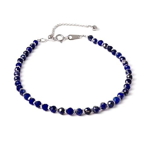 Natural Crystal Silver Bracelet, 0.12" Faceted Stone Beads Adjustable Jewelry for Women, Handmade Crown Chakra Design for Meditation & Spiritual Gifts - color: Blue Lapis Lazuli