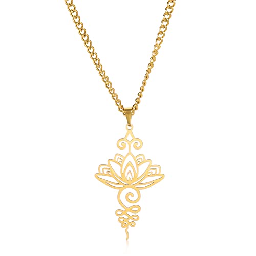 VASSAGO Buddha Lotus Necklace for Women Yoga Healing Pendant Stainless Steel Flower Necklace Buddhist Necklace Unalome Symbol Amulet Religious Jewelry - color: gold 3