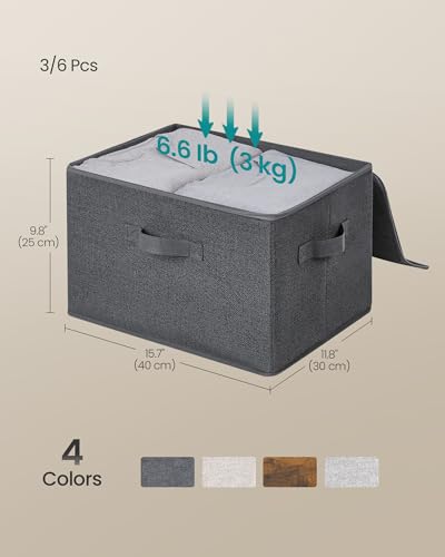 SONGMICS Foldable Storage Organizer Boxes, Set of 3 Storage Basket Bins with Lids, Handles, Clothes Organizer, 15.7 x 11.8 x 9.8 Inches, Non-Woven Fabric, Slate Gray URYZB03G