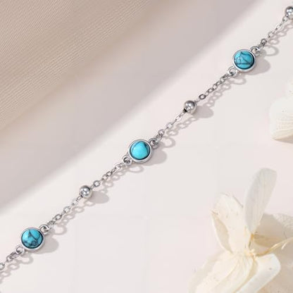 Anklet Bracelet for Women 925 Sterling Silver Natural Stone Chain Bead Ankle Bracelet Beach Summer Fine Jewelry Mothers Day Birthday Gifts for Women Mom Wife