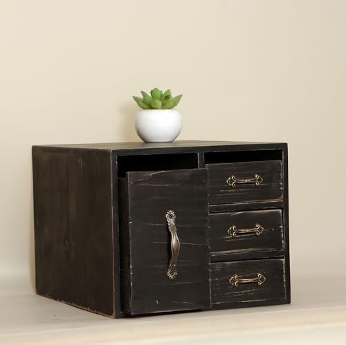 Rustic Beauty Organizer 4 Drawers - kitchen storage Wooden Cosmetic Storage Box for Neat & Home Office Desk &Organize &Storing of Makeup Tools,Bathroom Counter-top(Black, L) - color: Black