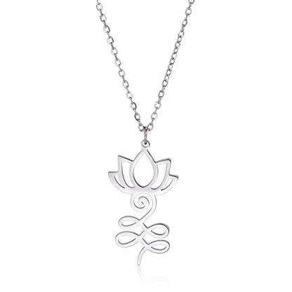 VASSAGO Buddha Lotus Necklace for Women Yoga Healing Pendant Stainless Steel Flower Necklace Buddhist Necklace Unalome Symbol Amulet Religious Jewelry - color: silver 1