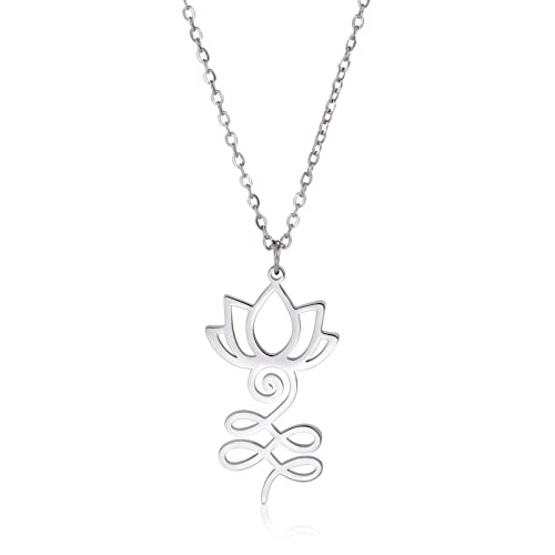 VASSAGO Buddha Lotus Necklace for Women Yoga Healing Pendant Stainless Steel Flower Necklace Buddhist Necklace Unalome Symbol Amulet Religious Jewelry - color: silver 1