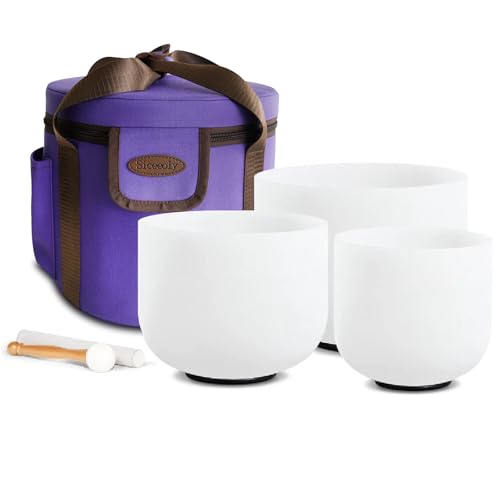 Set of 3 Singing Bowls 8-12 inch 8"B 10"F 12"C Frosted Chakra Quartz White Crystal Sound Healing Crystal with 1 Travel Carry Case Bag 1 Mallet Suede 1 Striker 3 O-rings
