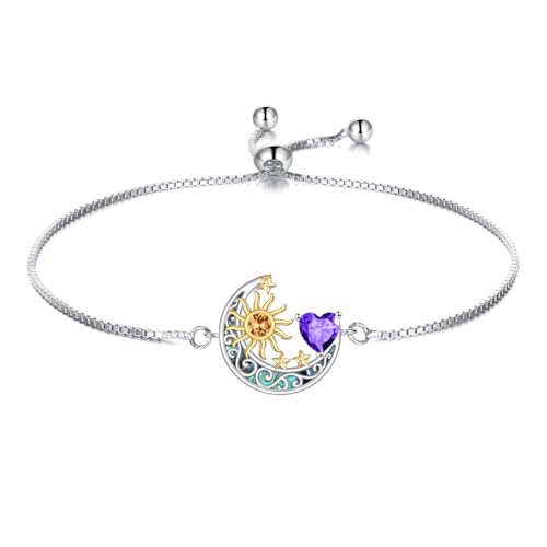 925 Sterling Silver Moon and Sun Star Adjustable Link Bracelet for Women with 12 Month Birthstone Birthday Jewelry - style: 02 - Feb.