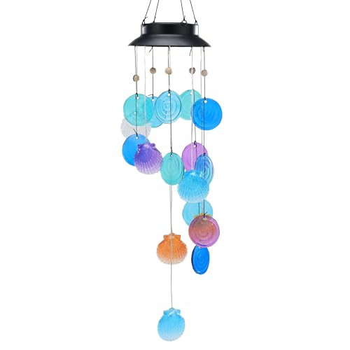 Solar-Powered LED Wind Chimes with Colorful Shells, Waterproof Flashing Lights, 13/28 Inch Hanging Decor for Outdoor Garden Patio Yard Home Indoor Outdoor, Gift (Colorful Shells) - color: Colorful Shells
