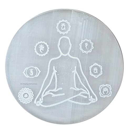 Amazing Gemstone Selenite Crystal Charging Plate For Crystals And Healing Stones, 3" Selenite Crystal Plate Engraved Buddha Coaster For Home, Office Table Decor (Selenite Round Disc) - color: Buddha