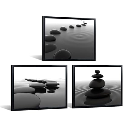 iKNOW FOTO 3pcs Black and White Zen Wall Art Stones in Water Canvas Prints with Black Frame for Bathroom Yoga Meditation Spa Living Room Bedroom Wall Decor Framed Ready to Hang 12x16 Inches