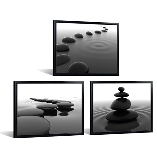 iKNOW FOTO 3pcs Black and White Zen Wall Art Stones in Water Canvas Prints with Black Frame for Bathroom Yoga Meditation Spa Living Room Bedroom Wall Decor Framed Ready to Hang 12x16 Inches