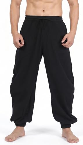 perdontoo Mens Casual Cotton Linen Pant Elastic Waist Drawstring Yoga Jogger Pants - color: Black, size: XX-Large