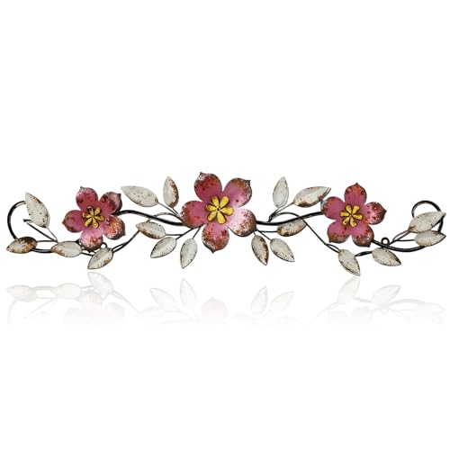Wesiti Metal Flower Wall Decor Vintage Metal Flower Wrought Iron Scroll Sculpture 15.7''x3.7'' Not 3D, Flat Farmhouse Leaf Wall Decor with Nails for Summer Bedroom Kitchen Indoor Outdoor(Pink) - color: Pink