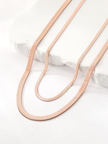 FOCALOOK 14K Gold Plated Necklaces for Women, Fashion Herringbone Choker Necklace Stainless Steel Flat Snake Chain 3/5MM(W) 12.5"/15"/18"+3.5"(L) - color: 5MM-15"&3MM-12.5" Layered-Rose Gold