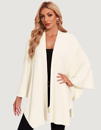 PULI Womens Elegant Cross Front Shawl Wraps Knitted Ponchos Cape Light Weight Poncho Sweater Soft Warm Travel Wraps - color: Ivory White