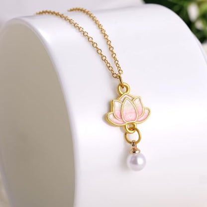 Lotus Flower Necklace for Women, Gold Chain with Lotus Pearl Pendant Meditation Yoga Relaxation Jewelry Gift - style: Pink-Lotus Gold