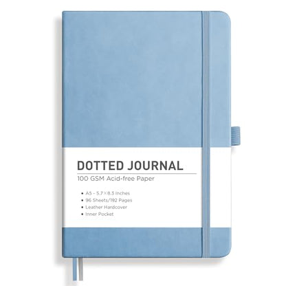RETTACY Dotted Journal Notebook, 192 Pages, A5 Medium Size (5.7'' x 8.3''), Leather Hardcover, 100 GSM Thick Paper, for Journaling, Planning, Tracking (Light Blue) - color: Light Blue, style: Dotted