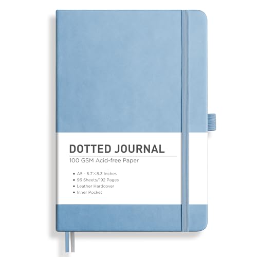RETTACY Dotted Journal Notebook, 192 Pages, A5 Medium Size (5.7'' x 8.3''), Leather Hardcover, 100 GSM Thick Paper, for Journaling, Planning, Tracking (Light Blue) - color: Light Blue, style: Dotted