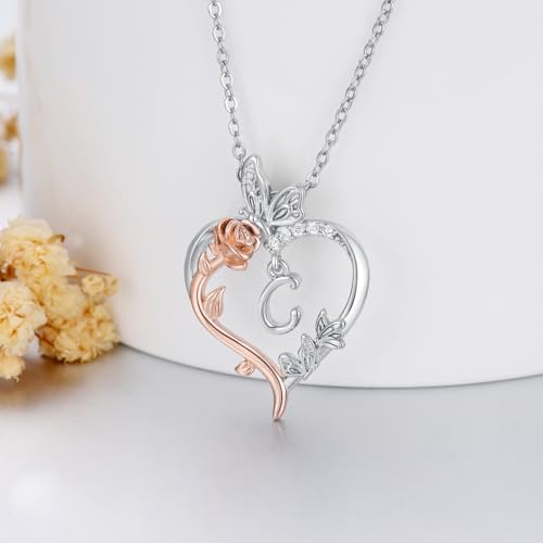 TOUPOP Gifts for Women Her 925 Sterling Silver Rose Heart Initial Necklace Butterfly Heart Jewelry Anniversary Birthday Gifts for Wife Girlfriend Mom - color: C Initial