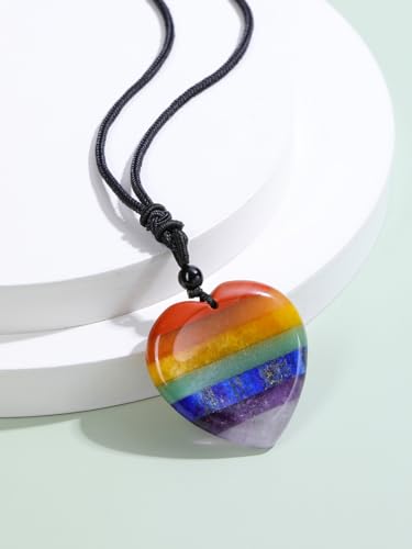 Jovivi Natural 7 Chakras Healing Crystals Necklace Heart Gemstone Palm Worry Stone Chakra Pendant Necklace for Anxiety Stress Relief Balancing Meditation - color: Heart-shaped