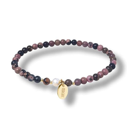 4mm Natural Gemstone Beads Stretch Bracelet for Women, With Freshwater Pearls, Energy Gem Birthday Gift for Her 7.2” - color: Rhodonite