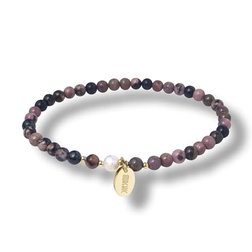 4mm Natural Gemstone Beads Stretch Bracelet for Women, With Freshwater Pearls, Energy Gem Birthday Gift for Her 7.2” - color: Rhodonite