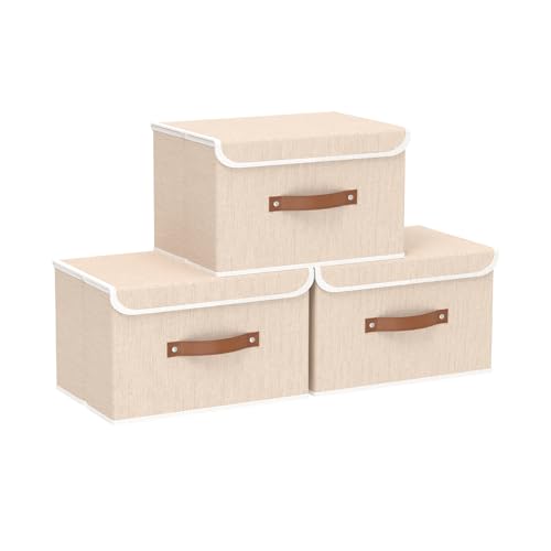Yawinhe Collapsible Storage Boxes, Stackable Linen Fabric Baskets, Bin with lid and Leather Handle, Washable, for Home, Closet, Beige, 10.2x7.9x6.7 In, 3-Pack, SNK024BEN-3 - color: Beige, size: S/(3 Pack)