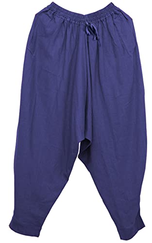 CLANMILUMS Men's Cotton Harem Pants Casual Loose Hippie Drop Crotch Trouser - color: Navy, size: Large