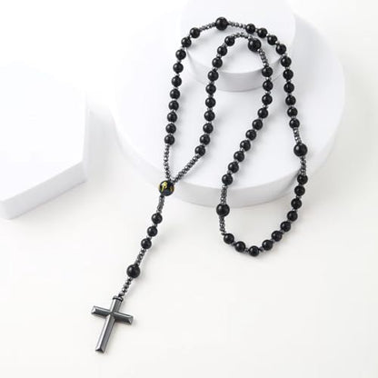 LIYAPEI Triple Protection Necklace with Tiger Eye, Obsidian, and Hematite - Stylish Men's Cross Necklace and Women's Y-Shaped Sweater Chain An Anxiety Relief Beaded Necklace. - color: Black Obsidian