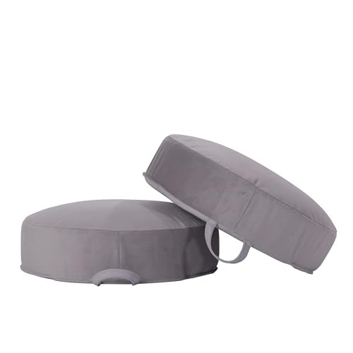 FDP Overstuffed 16 inch Round Velvety and Vinyl Floor Cushions with Handles Flexible Seating for Home, Lounge, Yoga Studio, Deluxe Foam (2-Piece) - Smoke - color: Smoke