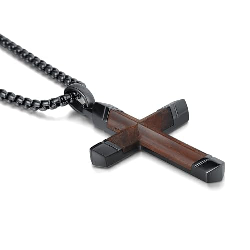 Cross Necklace for Men, Real Ebony Wooden Mens Cross Necklace Black Stainless Steel Christian Handmade Wood Pendant for Men, 24 Inch Box Chain - color: Black Cross Necklace