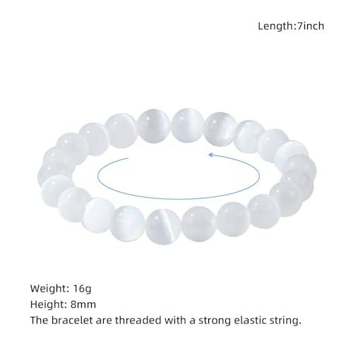 Natural Gemstones Bracelet 8mm Chakra Round Beads Energy Power Crystal Reiki Healing Elastic Stretch 7 Inch for Women Men Unisex - color: Selenite