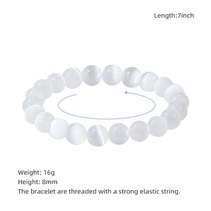 Natural Gemstones Bracelet 8mm Chakra Round Beads Energy Power Crystal Reiki Healing Elastic Stretch 7 Inch for Women Men Unisex - color: Selenite