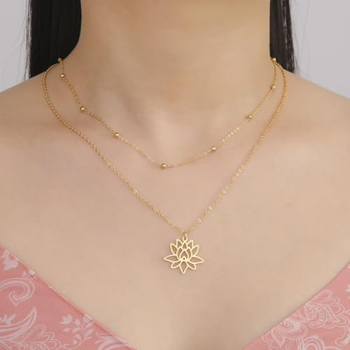 VASSAGO Buddha Lotus Necklace for Women Yoga Healing Pendant Stainless Steel Flower Necklace Buddhist Necklace Unalome Symbol Amulet Religious Jewelry - color: gold 9