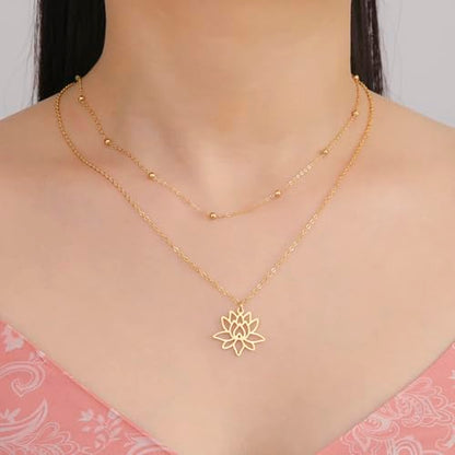 VASSAGO Buddha Lotus Necklace for Women Yoga Healing Pendant Stainless Steel Flower Necklace Buddhist Necklace Unalome Symbol Amulet Religious Jewelry - color: gold 9