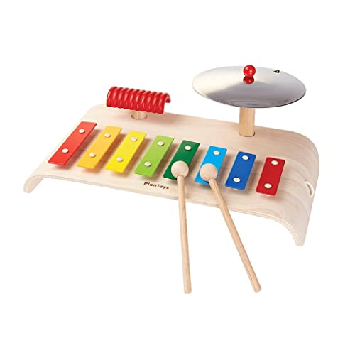 PlanToys® Musical Set Wooden Montessori Drum, Cymbal and Xylophone Toy | Early Sensory Exploration, Coordination and Creative Expression | Eco Friendly Music Set - color: Multicolor