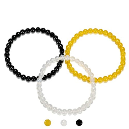 3PCS Agate Bracelet for Women Men Natural Round Beaded Agates Stone Healing Stretch Bracelets Elastic Handmade Polished Gemstone Beads Bracelet - color: Black+Yellow+White